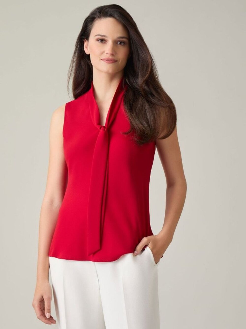 $69 Kasper Tie Neck Sleeveless Blouse, Classic Drape Fire Red Size 2X